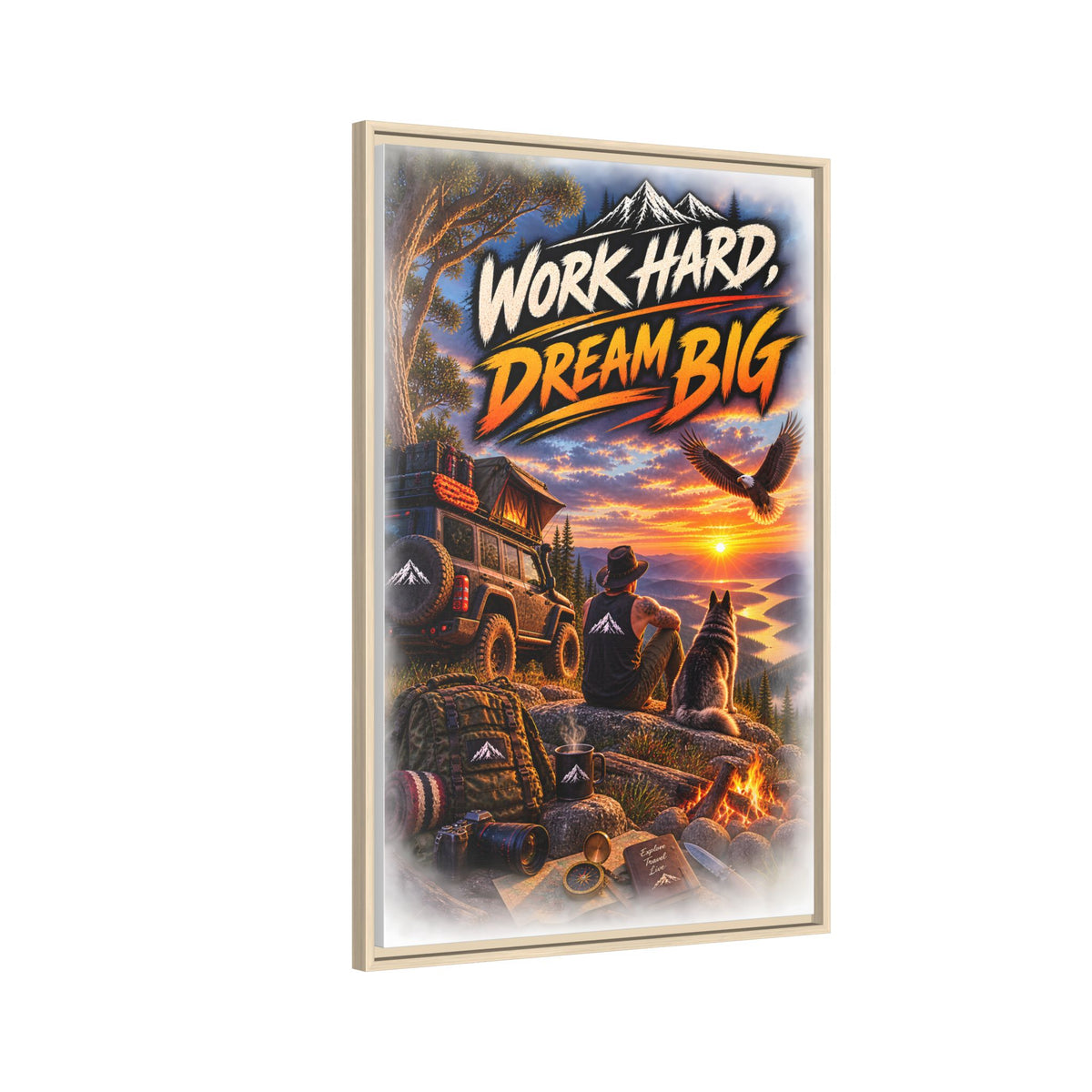 Work Hard Dream Big Framed Canvas Print — Inspirational Camping Sunset Wall Art