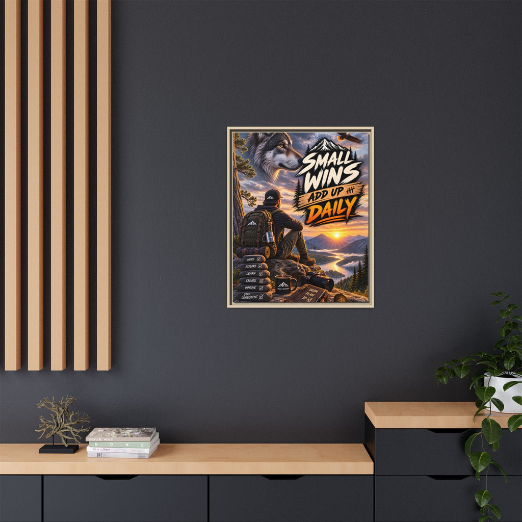 Small Wins Add Up Daily Framed Canvas Wall Art — Motivational Hiking Print