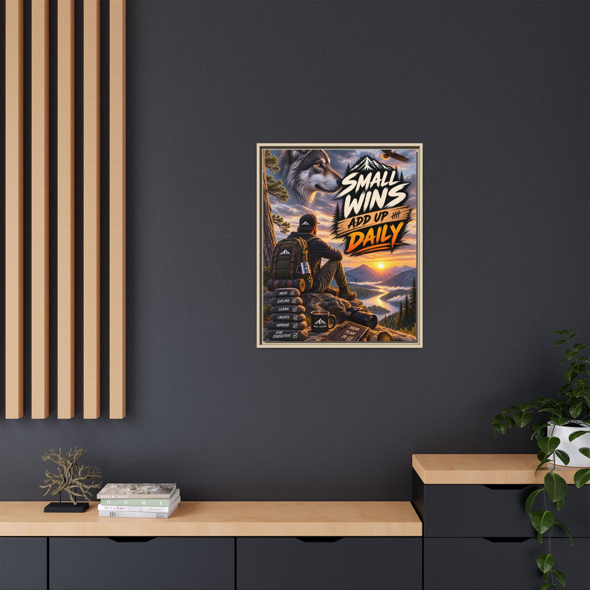 Small Wins Add Up Daily Framed Canvas Wall Art — Motivational Hiking Print