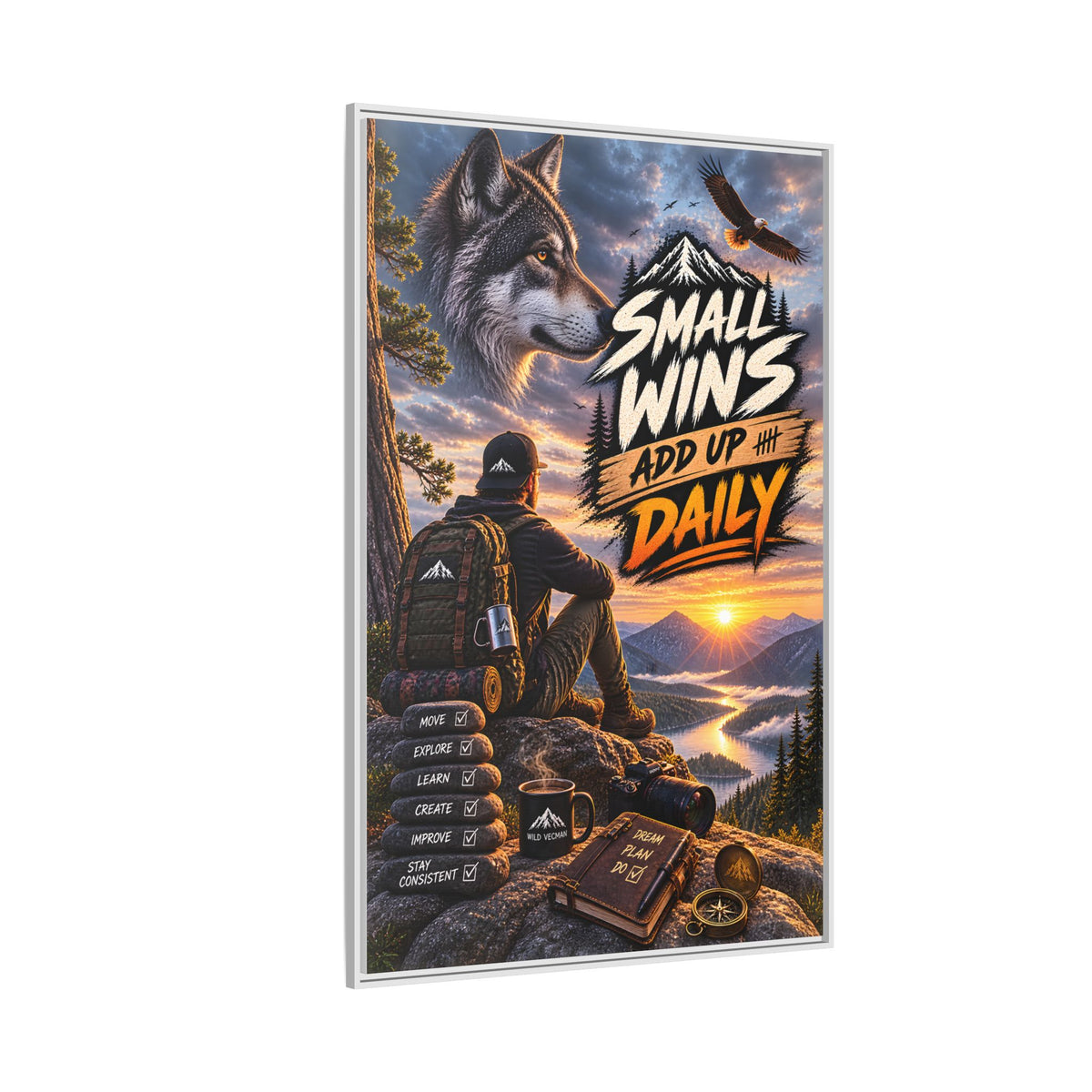 Small Wins Add Up Daily Framed Canvas Wall Art — Motivational Hiking Print