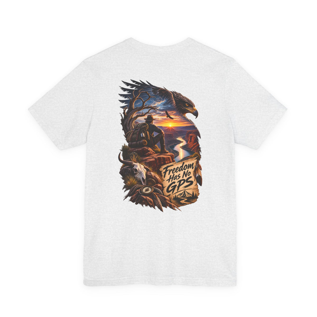 Freedom Has No GPS T‑Shirt — Patriotic Eagle Sunset Vintage Tee