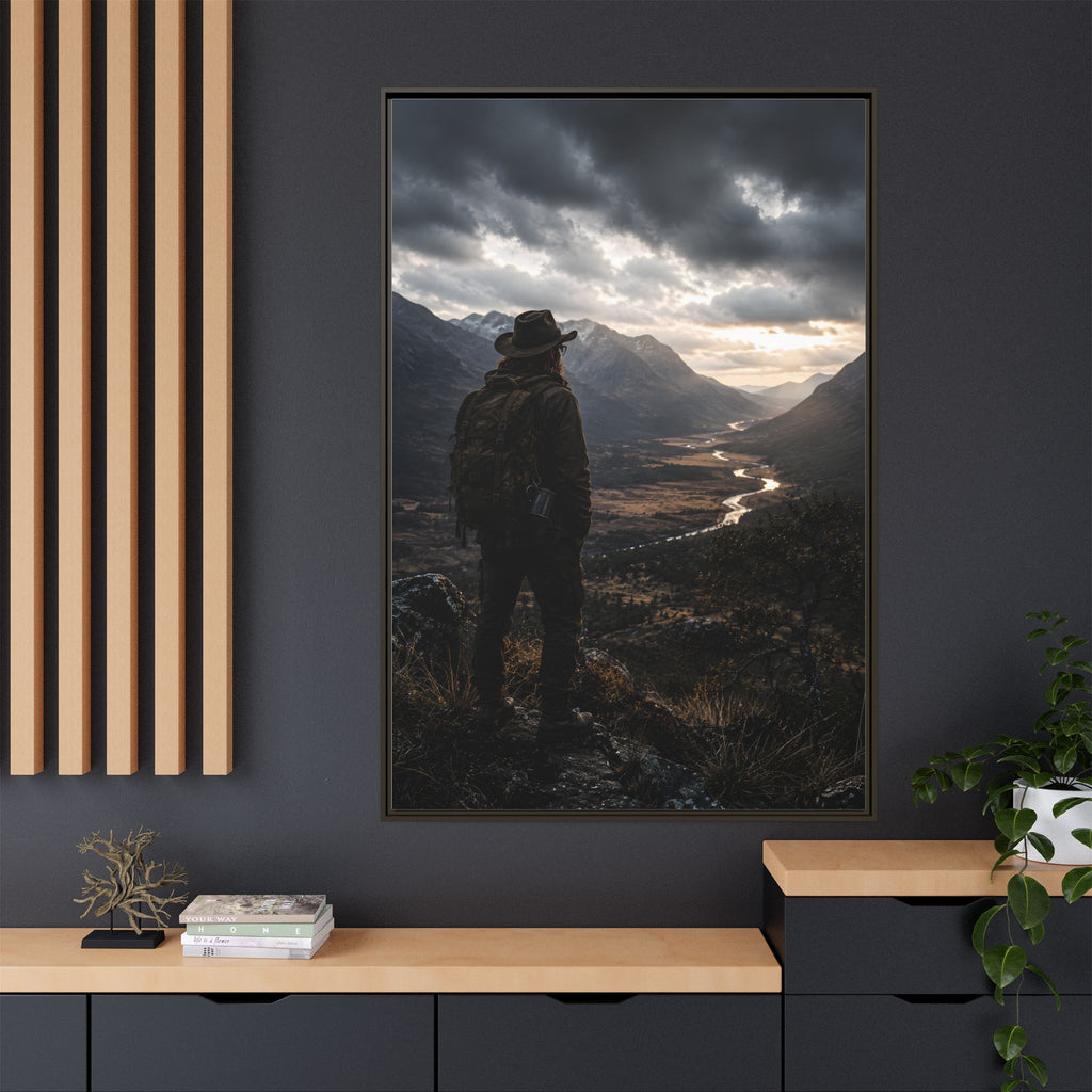 Wanderer in the Valley Matte Framed Canvas – Adventure Landscape Wall Art