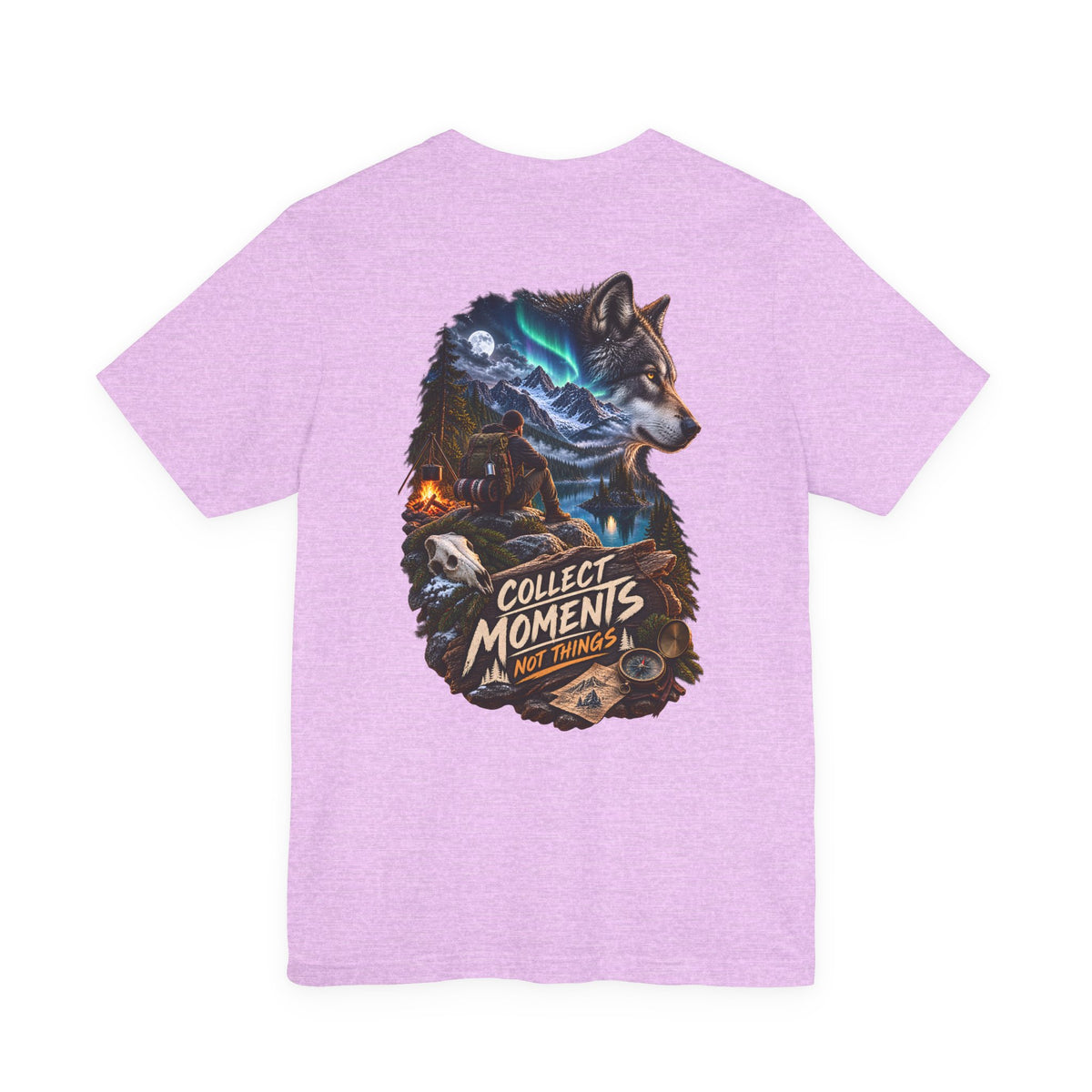 Wolf Graphic Tee – "Collect Moments Not Things" Adventure T-Shirt