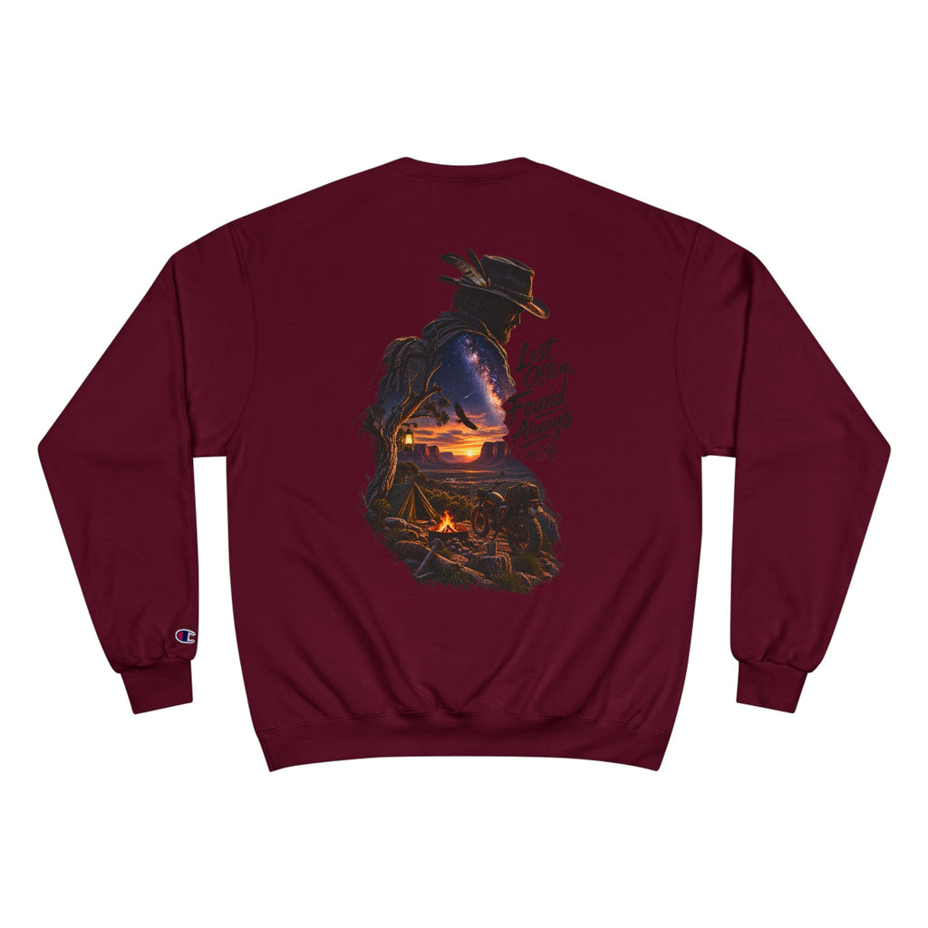 Adventure Champion Sweatshirt — 'Lost Often, Found Always' Mountain Graphic Crewneck