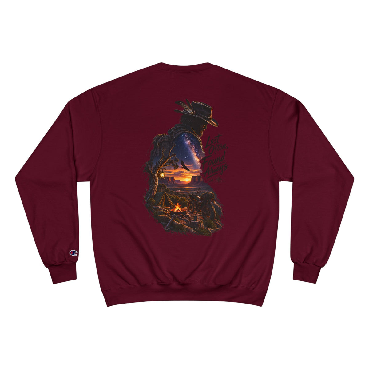 Adventure Champion Sweatshirt — 'Lost Often, Found Always' Mountain Graphic Crewneck