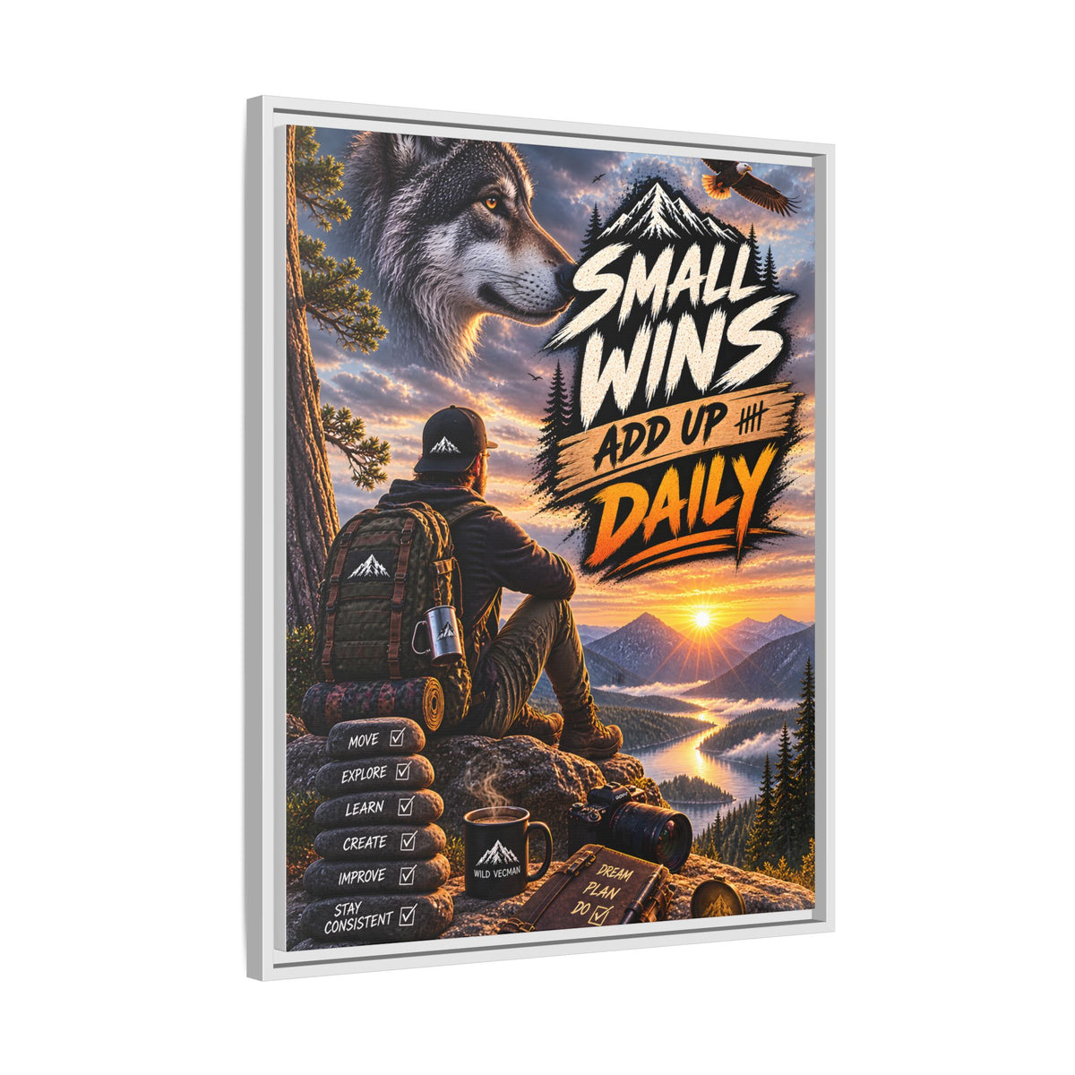 Small Wins Add Up Daily Framed Canvas Wall Art — Motivational Hiking Print