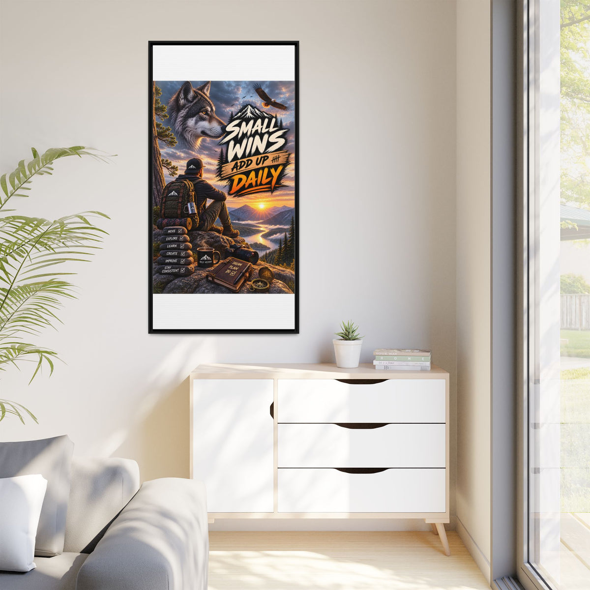 Small Wins Add Up Daily Framed Canvas Wall Art — Motivational Hiking Print