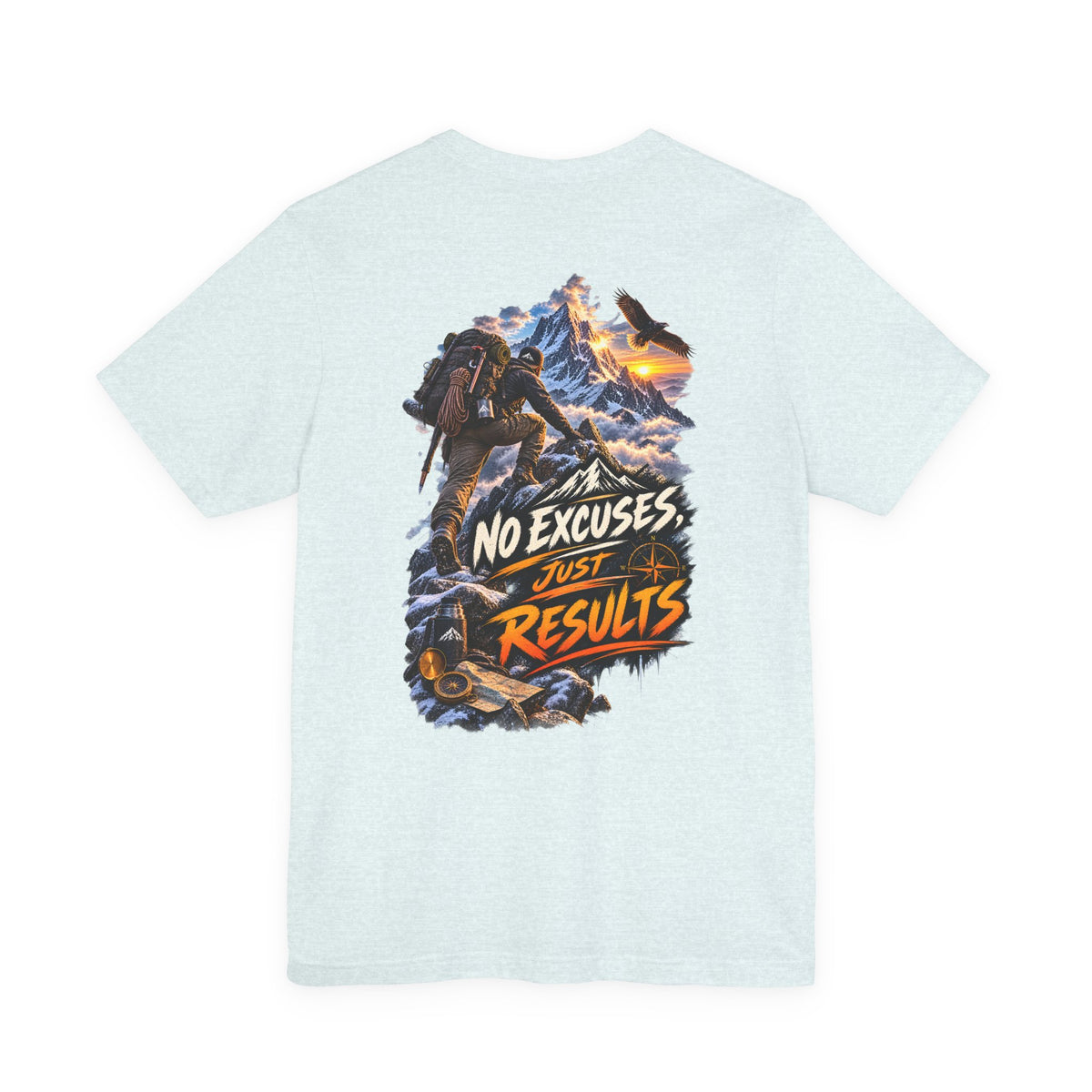 Motivational Climbing T-Shirt — "No Excuses, Just Results" Back Graphic