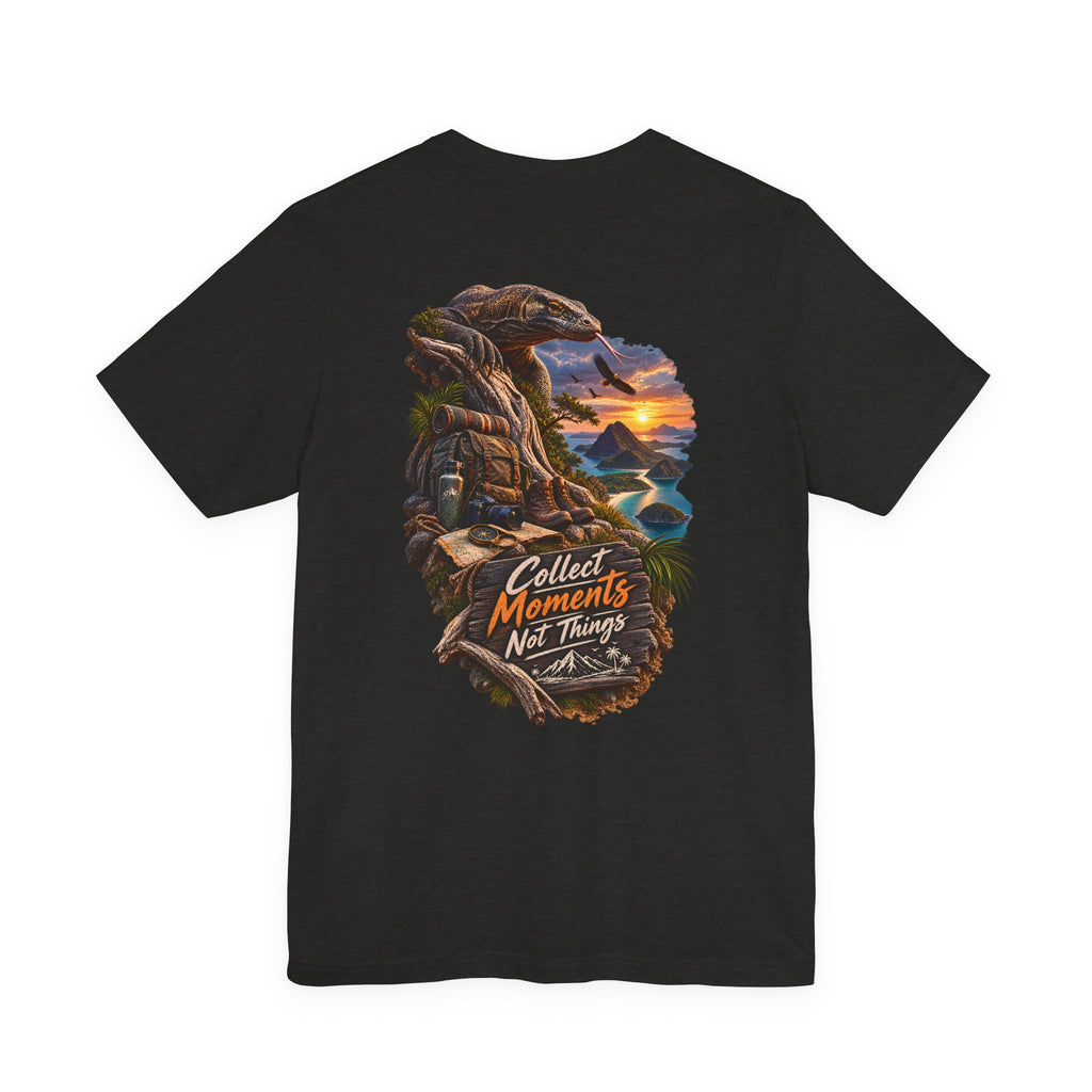 T-shirt « Collect Moments Not Things » — Haut avec paysage de coucher de soleil et aventure