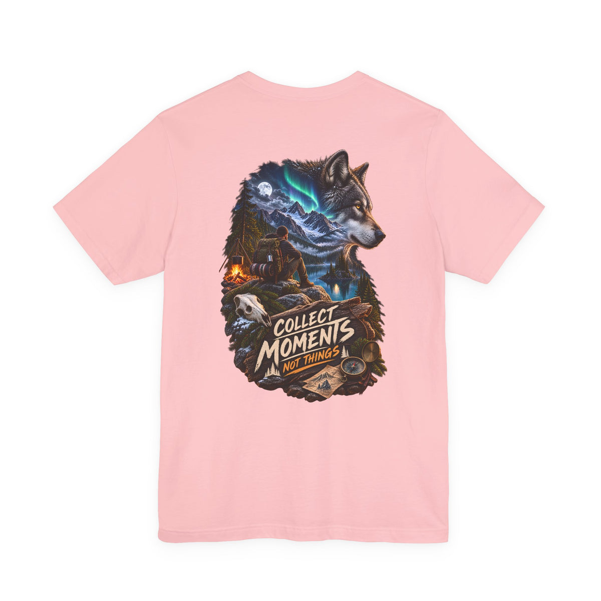 Wolf Graphic Tee – "Collect Moments Not Things" Adventure T-Shirt