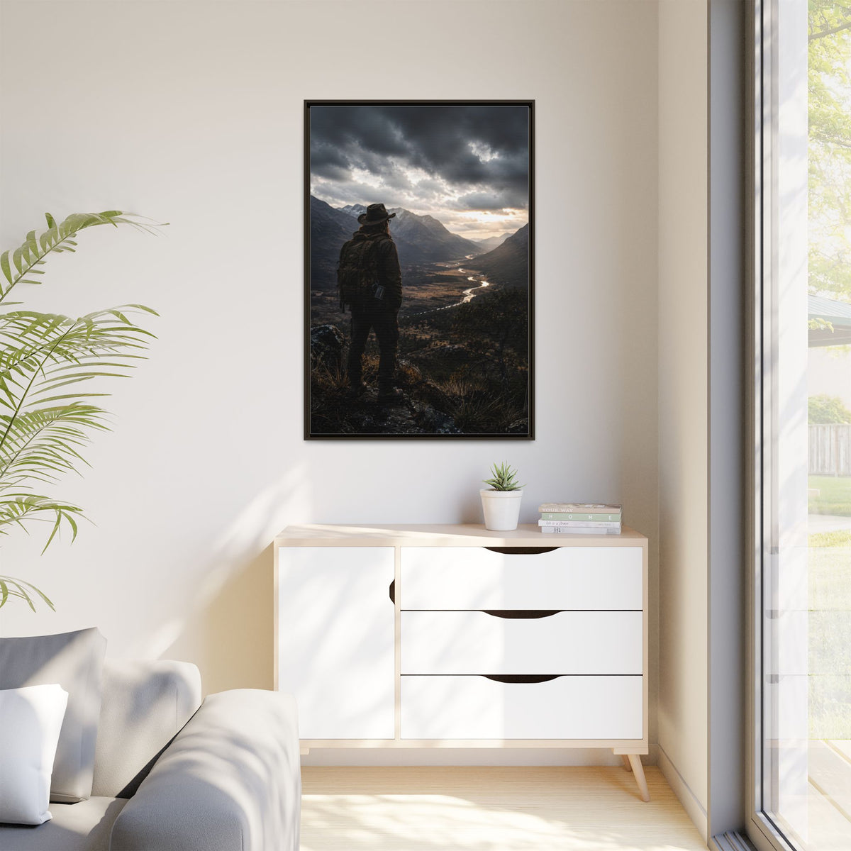 Wanderer in the Valley Matte Framed Canvas – Adventure Landscape Wall Art