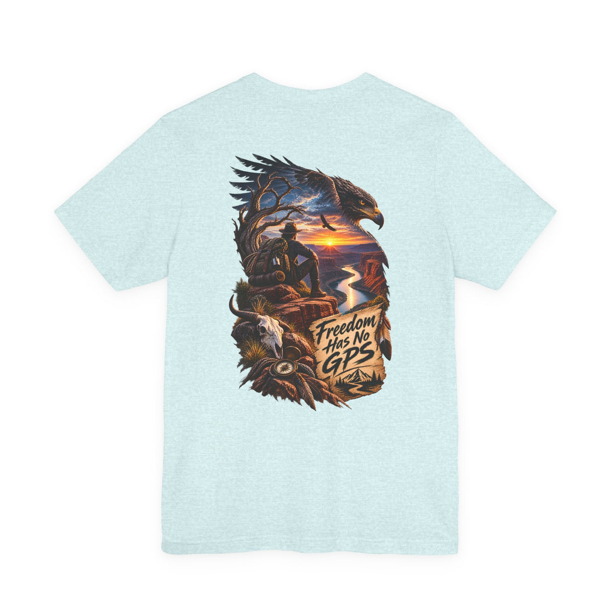 Freedom Has No GPS T‑Shirt — Patriotic Eagle Sunset Vintage Tee