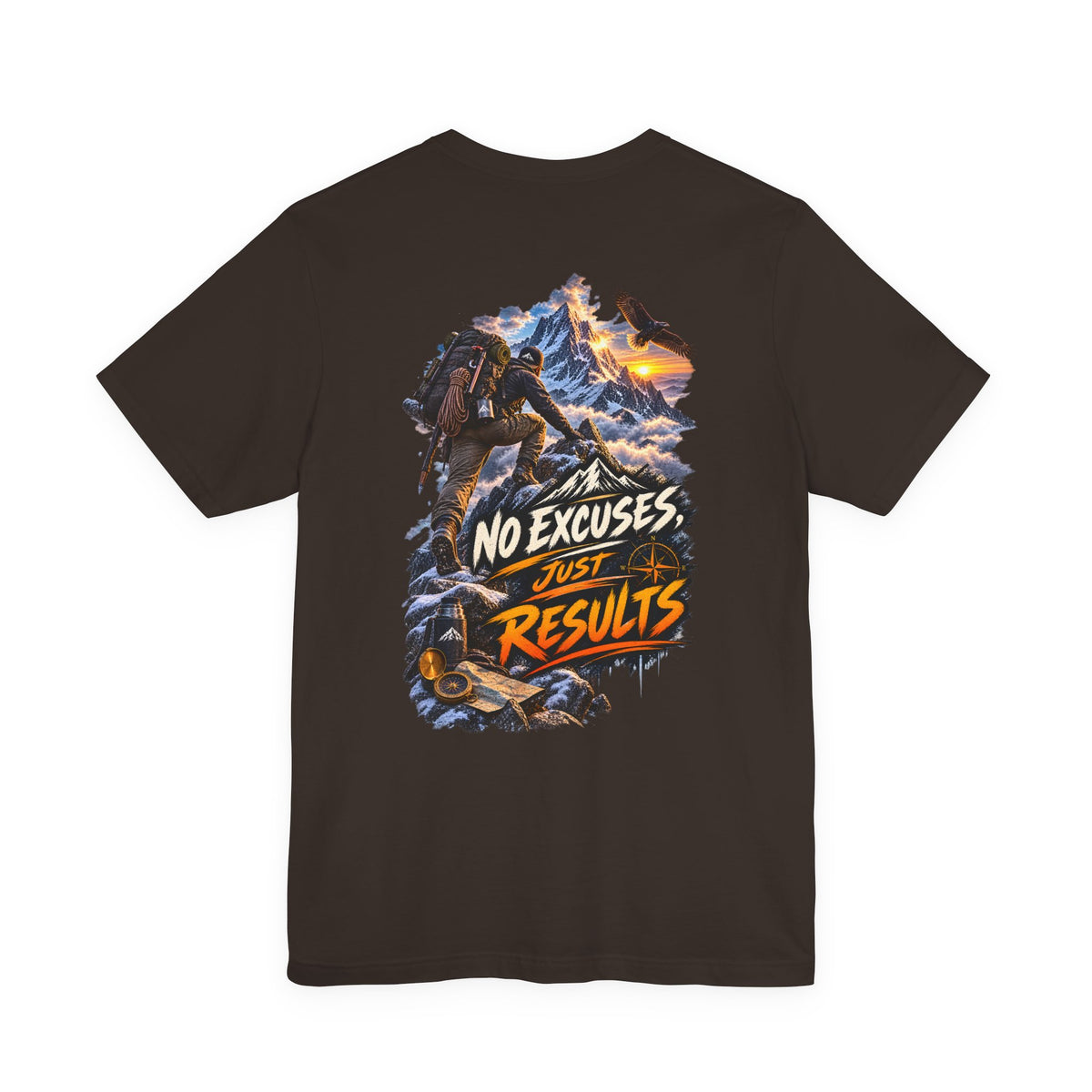 Motivational Climbing T-Shirt — "No Excuses, Just Results" Back Graphic