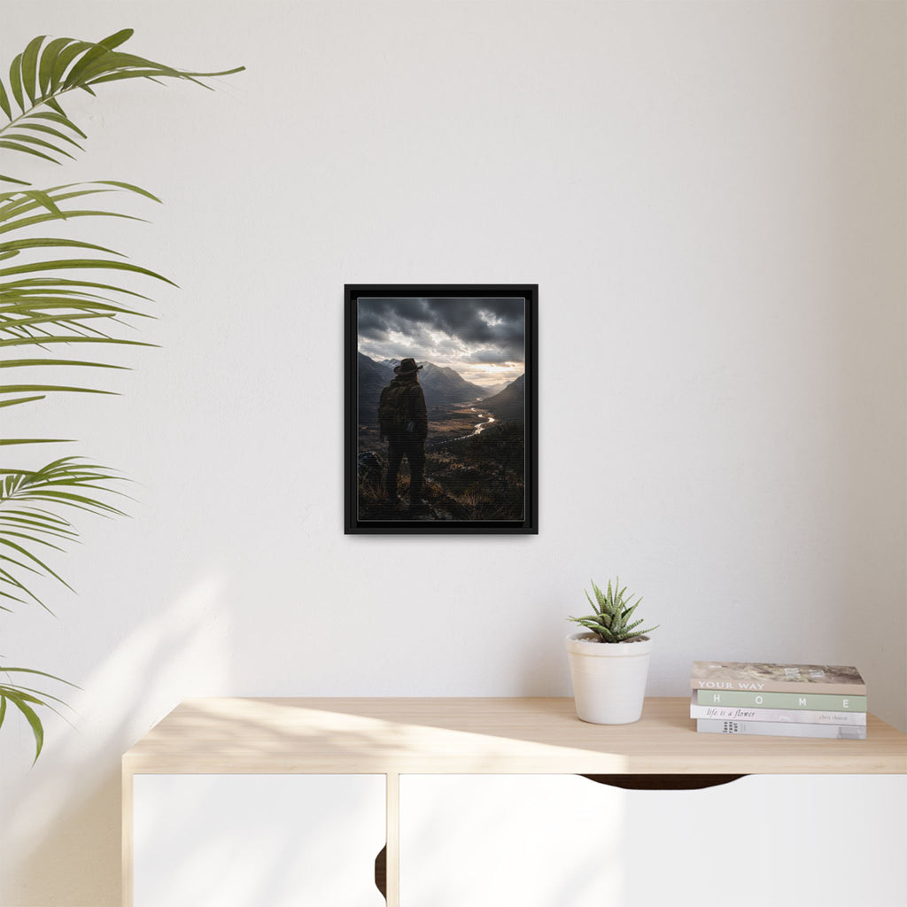 Wanderer in the Valley Matte Framed Canvas – Adventure Landscape Wall Art