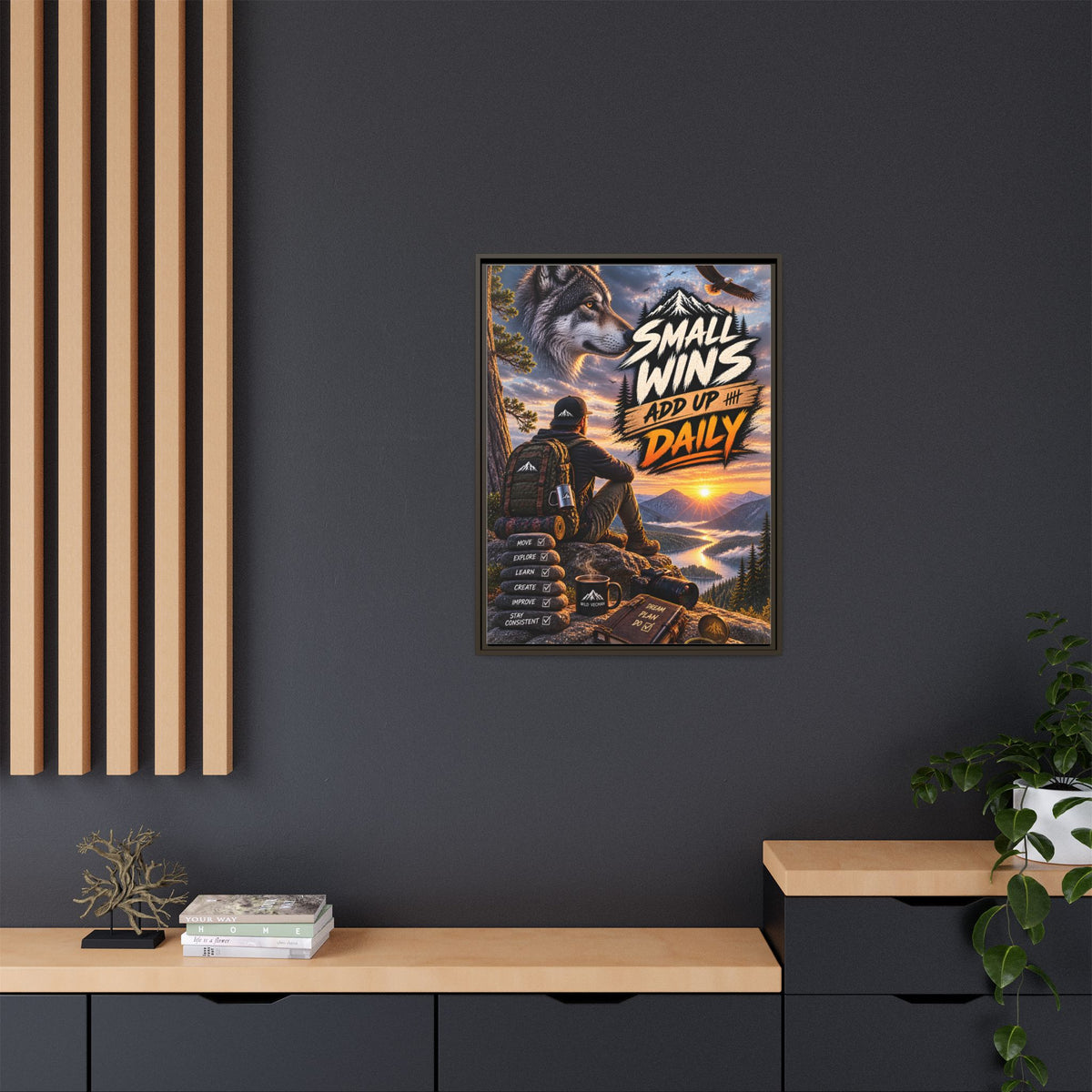 Small Wins Add Up Daily Framed Canvas Wall Art — Motivational Hiking Print