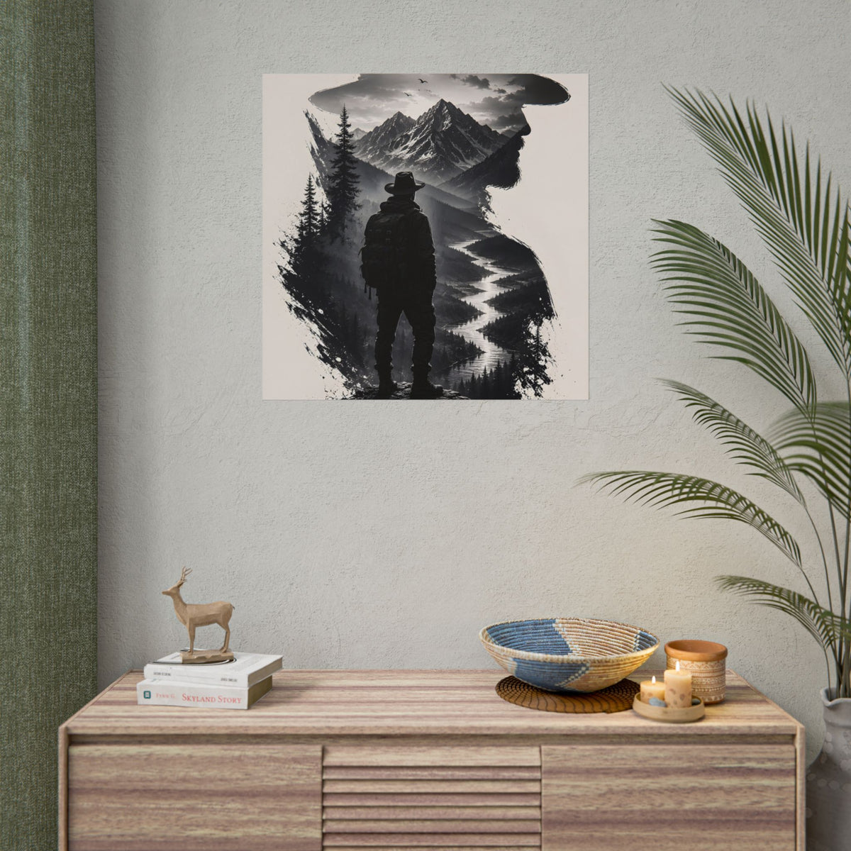 Adventure Silhouette Poster — Hiker, Mountains & River Rolled Wall Art
