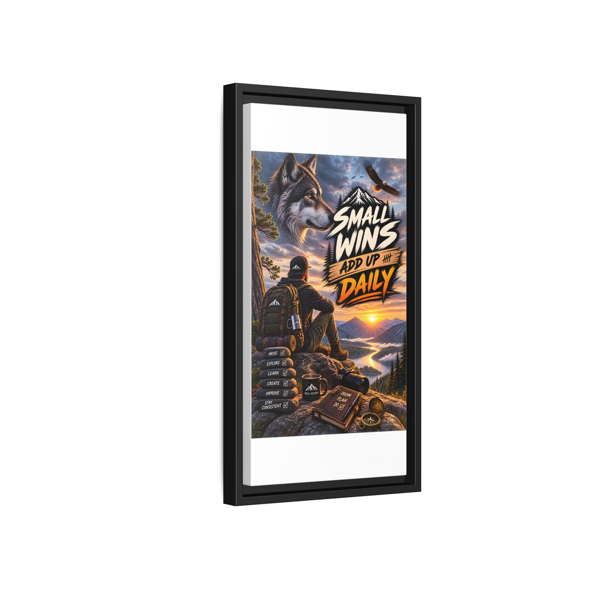 Small Wins Add Up Daily Framed Canvas Wall Art — Motivational Hiking Print