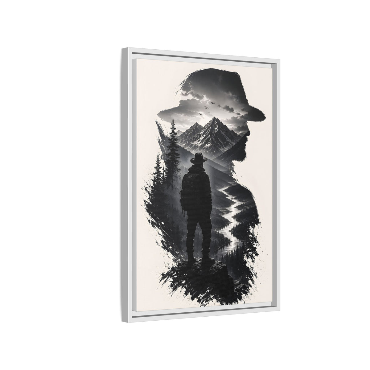 Adventure Silhouette Matte Canvas Framed Print — Mountain Hiker Double Exposure Wall Art