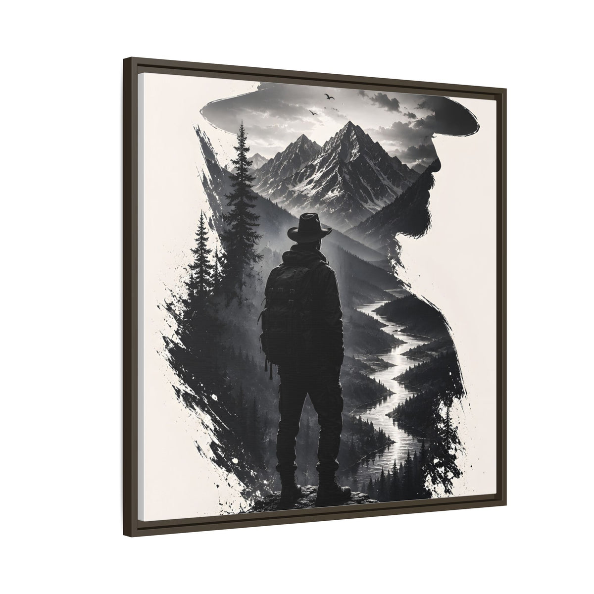 Adventure Silhouette Matte Canvas Framed Print — Mountain Hiker Double Exposure Wall Art