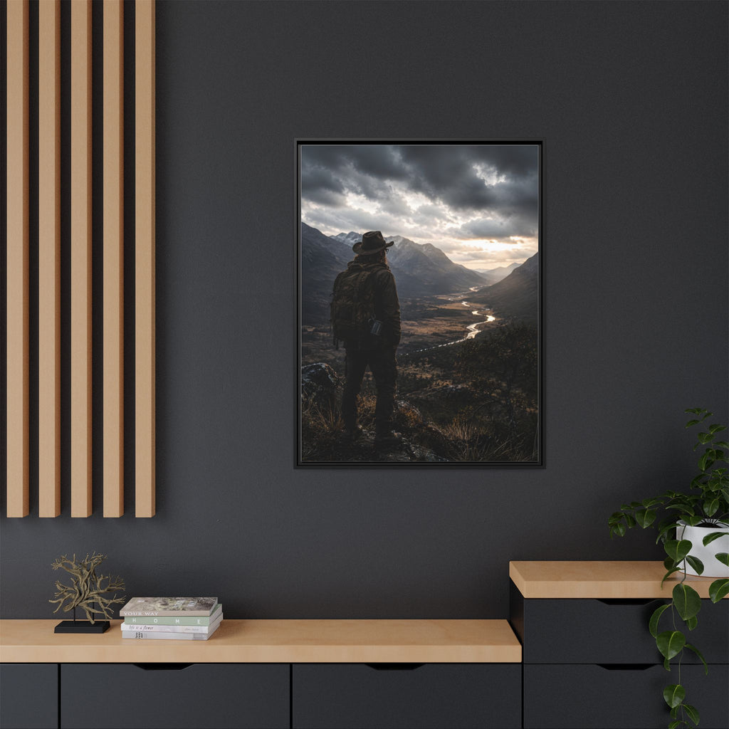 Wanderer in the Valley Matte Framed Canvas – Adventure Landscape Wall Art