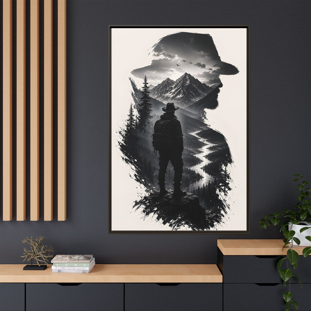 Adventure Silhouette Matte Canvas Framed Print — Mountain Hiker Double Exposure Wall Art