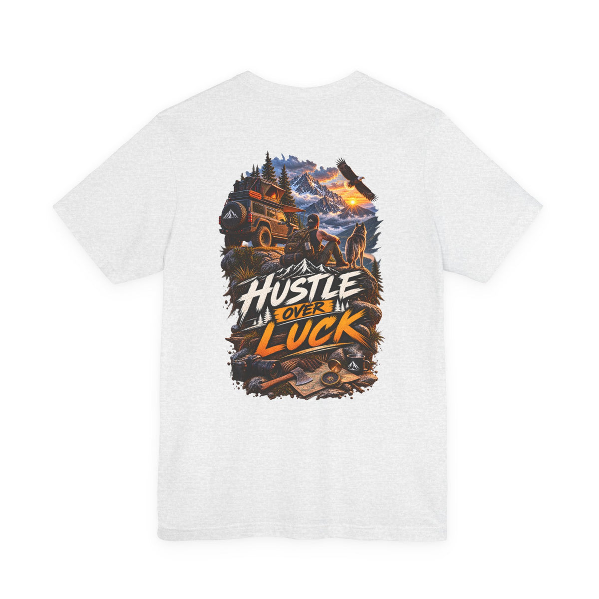 Hustle Over Luck Graphic Tee — Adventure Motivation Mountain T-Shirt