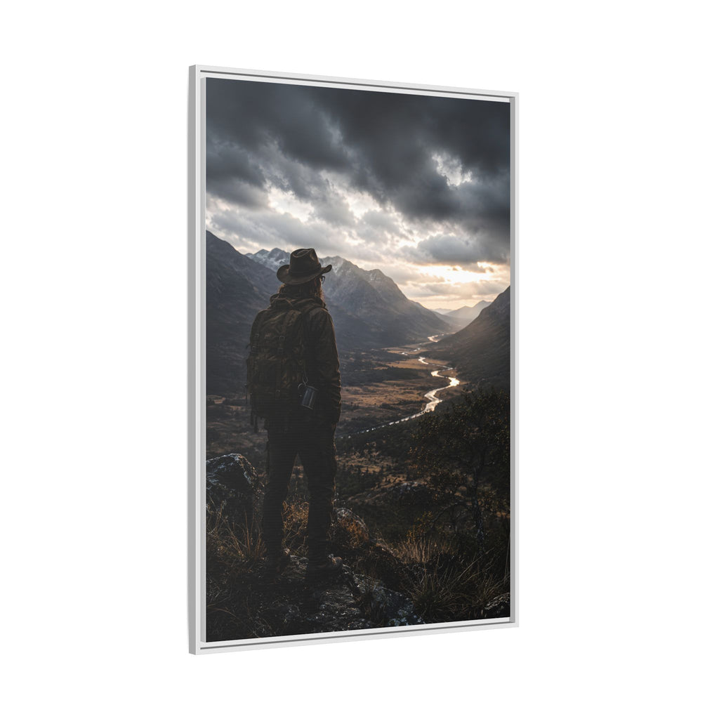 Wanderer in the Valley Matte Framed Canvas – Adventure Landscape Wall Art