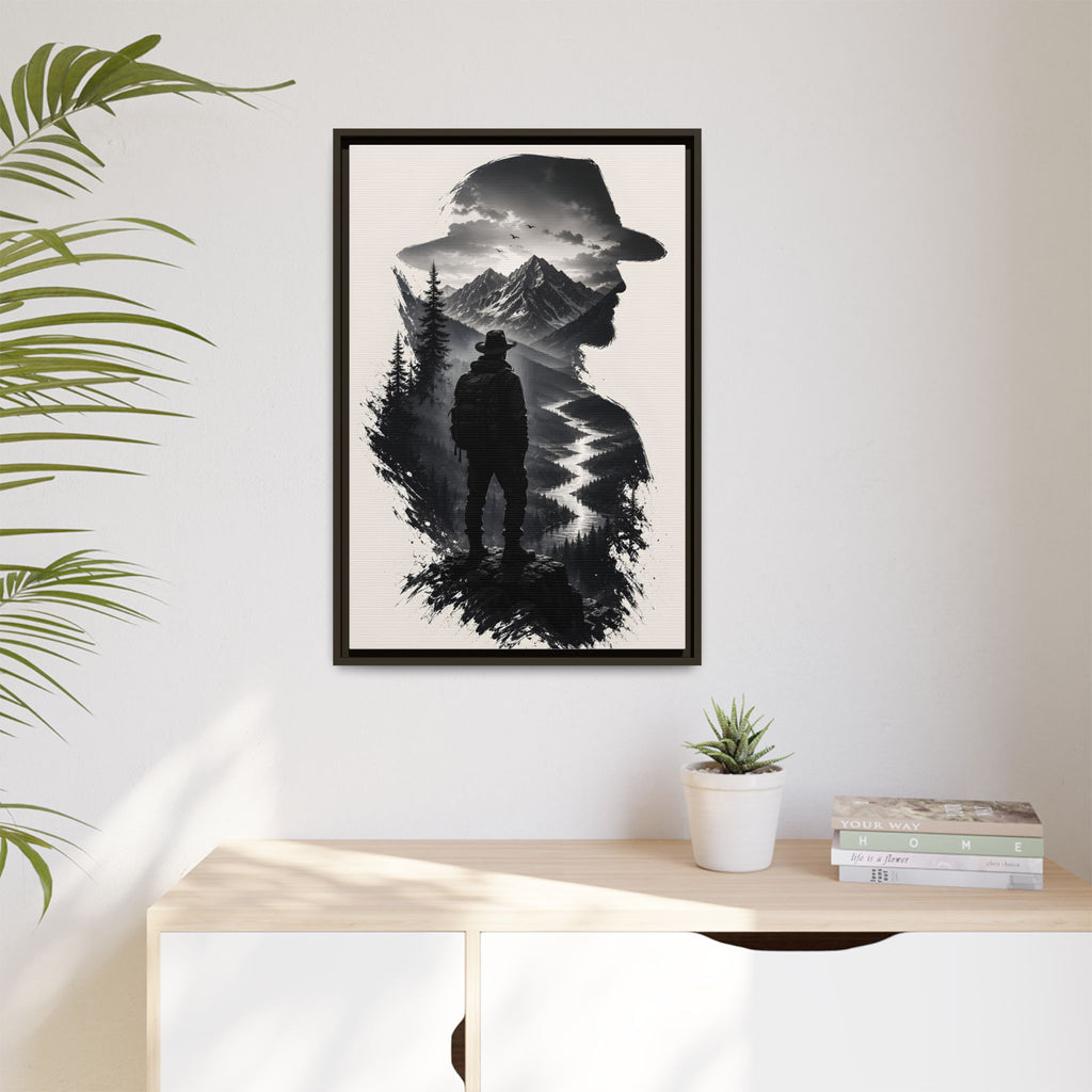 Adventure Silhouette Matte Canvas Framed Print — Mountain Hiker Double Exposure Wall Art