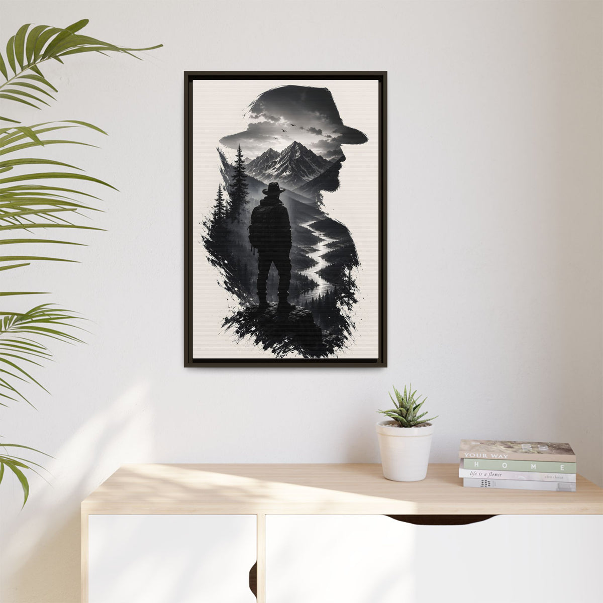 Adventure Silhouette Matte Canvas Framed Print — Mountain Hiker Double Exposure Wall Art