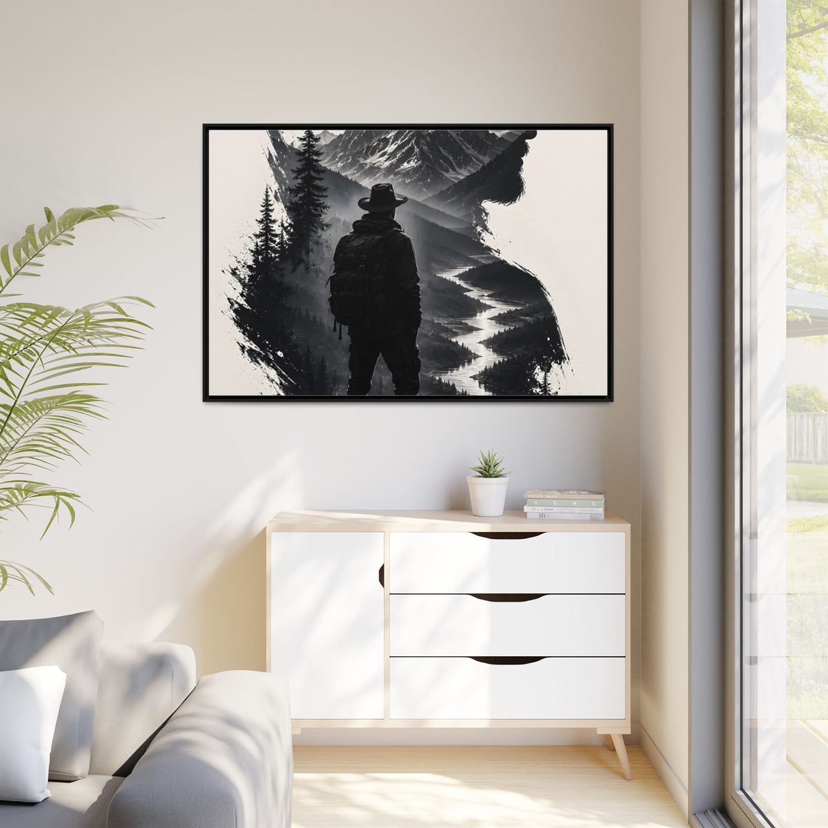 Adventure Silhouette Matte Canvas Framed Print — Mountain Hiker Double Exposure Wall Art