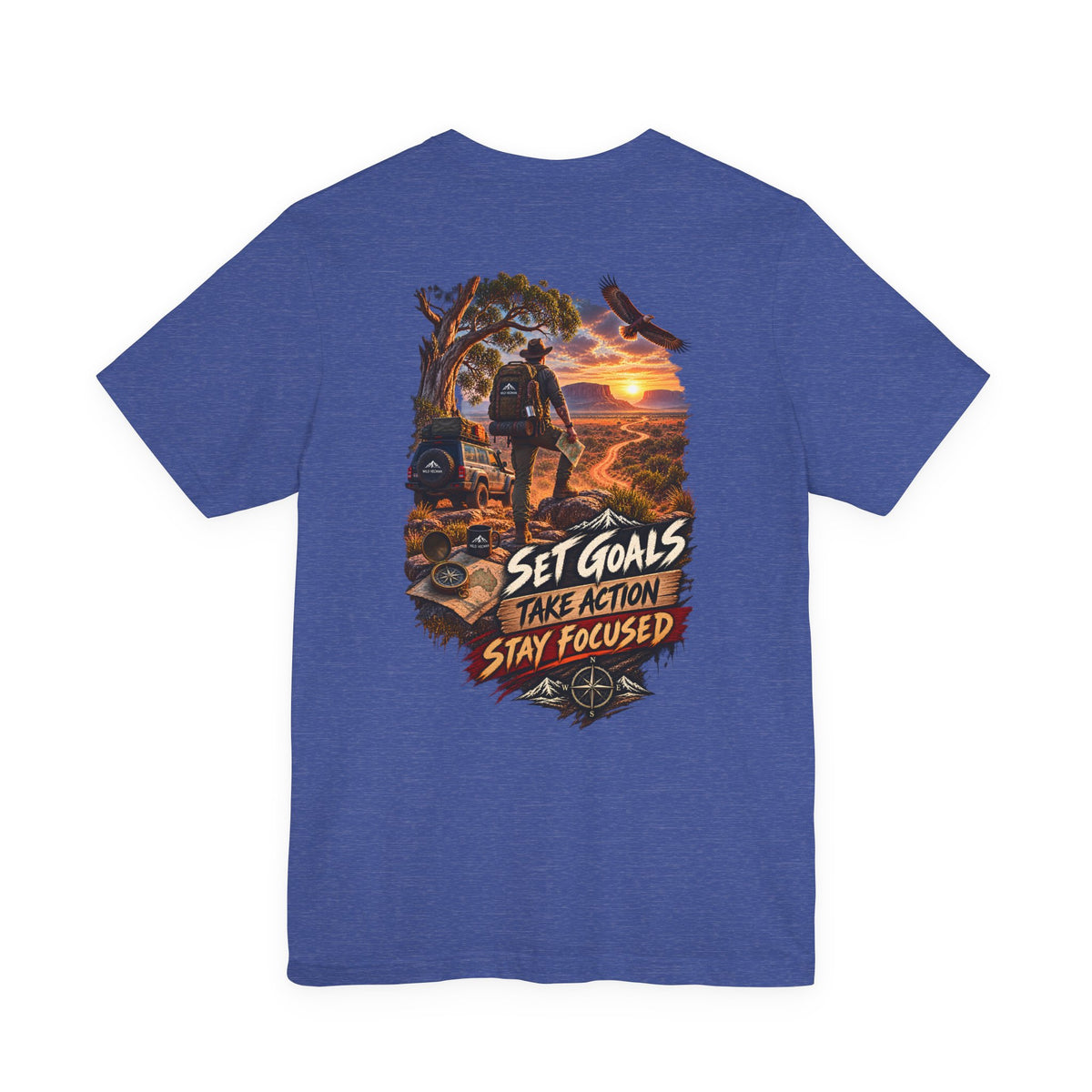 Motivational Hiking T‑Shirt — "Set Goals, Take Action, Stay Focused" Back Graphic