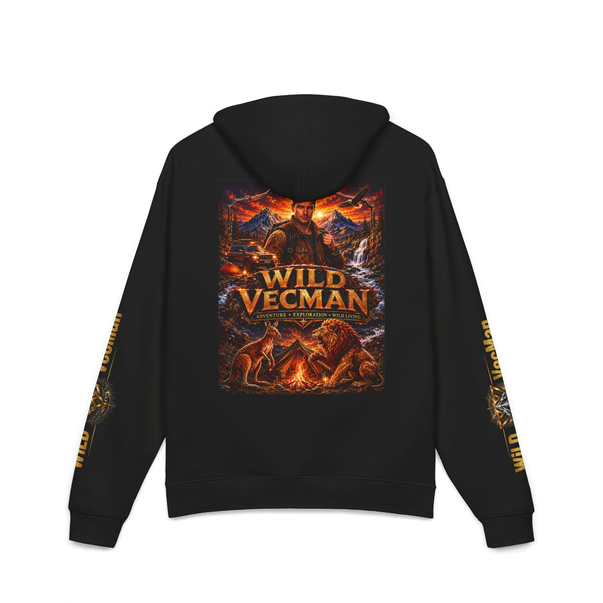 Wild Vecman Hoodie - Adventure Graphic Pullover with Wilderness Campfire Design