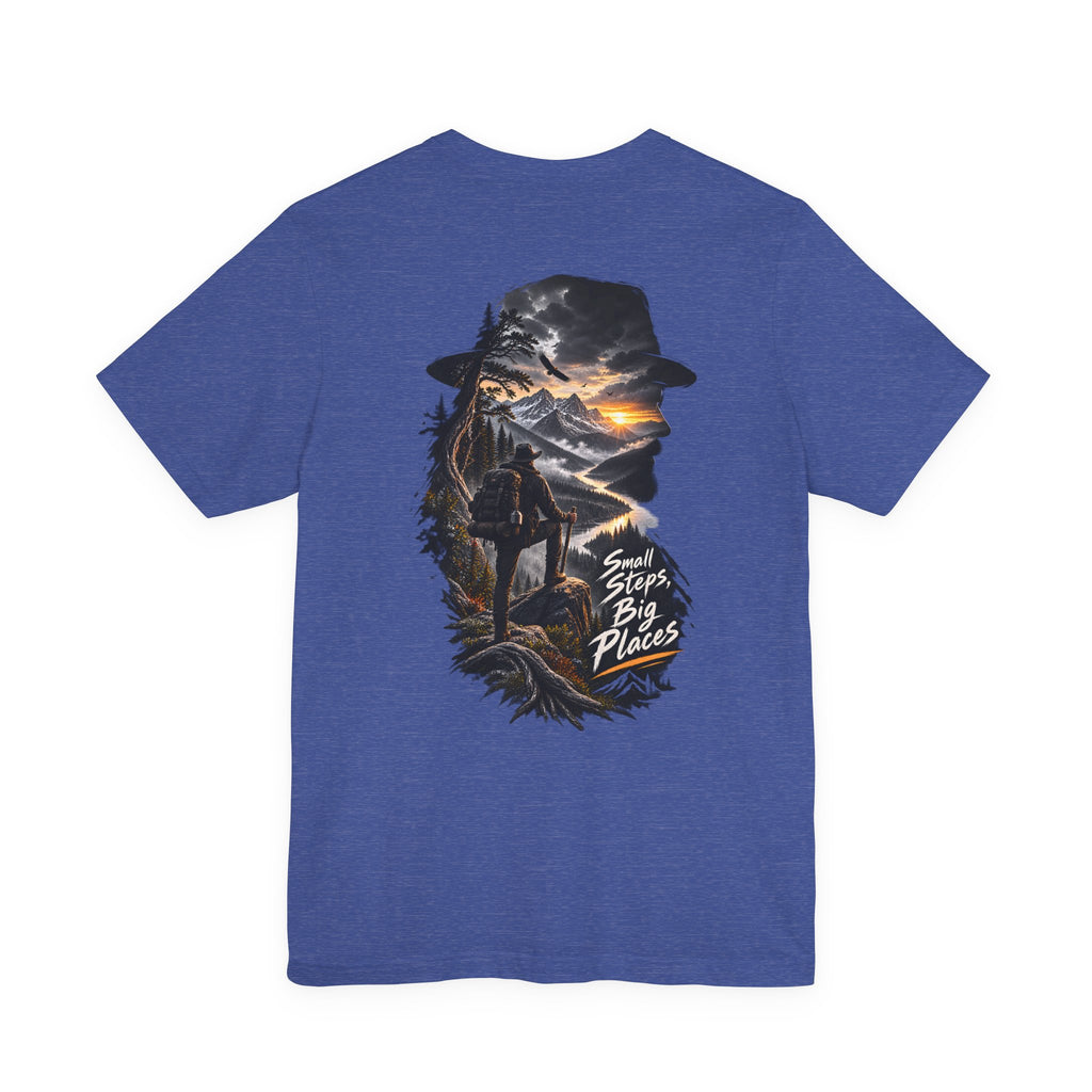 T-shirt randonnée aventure — « Petits pas, grands espaces », silhouette de montagne