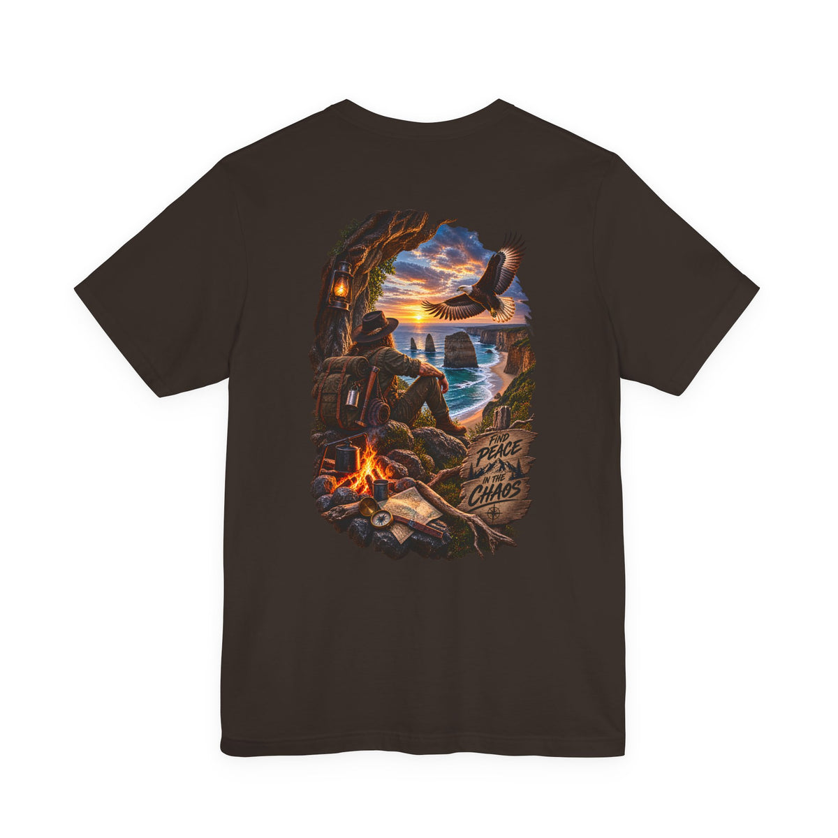 Coastal Campfire Adventure T-Shirt — Sunset, Eagle & Seaside Explorer Tee