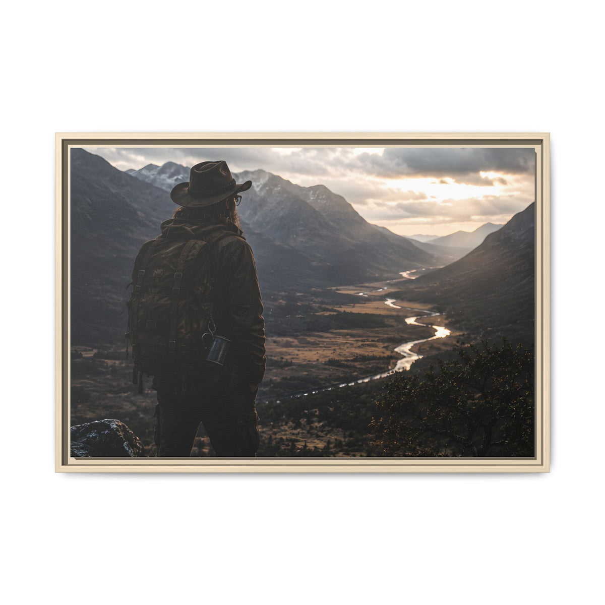 Wanderer in the Valley Matte Framed Canvas – Adventure Landscape Wall Art