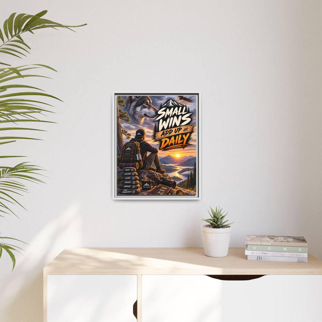 Small Wins Add Up Daily Framed Canvas Wall Art — Motivational Hiking Print