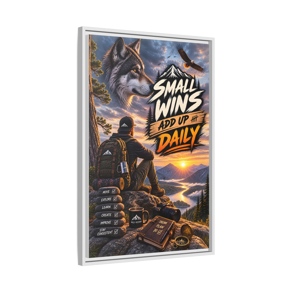 Small Wins Add Up Daily Framed Canvas Wall Art — Motivational Hiking Print