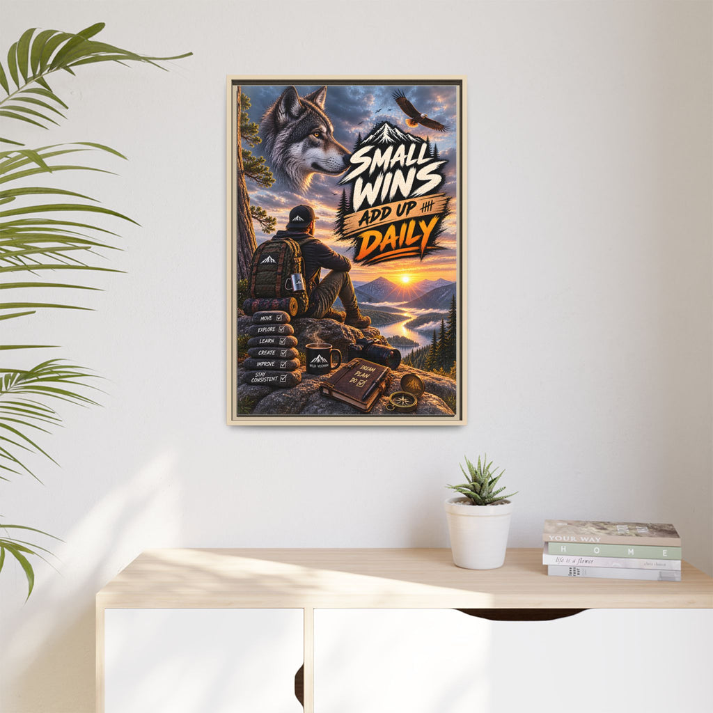 Small Wins Add Up Daily Framed Canvas Wall Art — Motivational Hiking Print