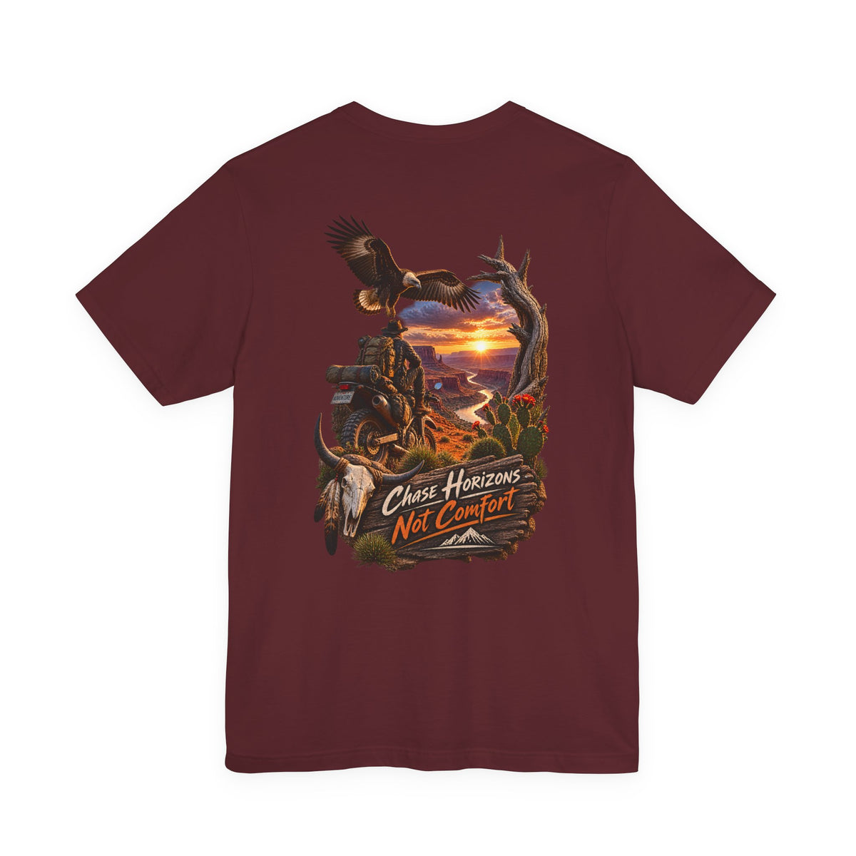 Chase Horizons Not Comfort T-Shirt — Adventure Motorcycle Sunset Graphic Tee