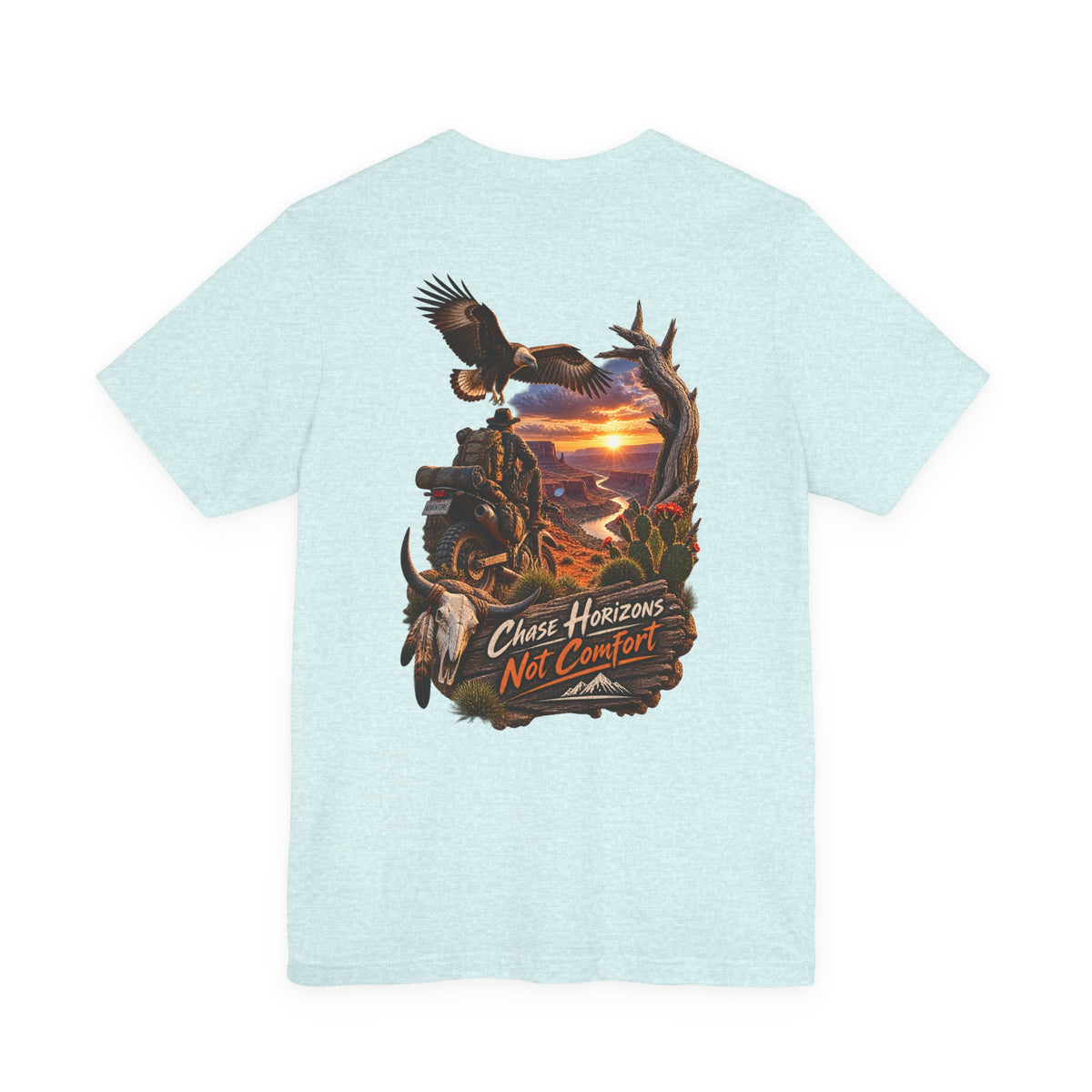 Chase Horizons Not Comfort T-Shirt — Adventure Motorcycle Sunset Graphic Tee