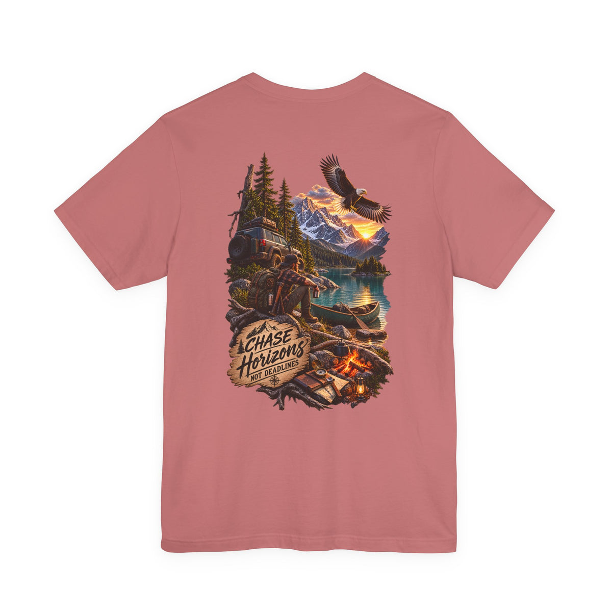 Adventure Graphic Tee — "Chase New Horizons" Mountain & Eagle Back Print