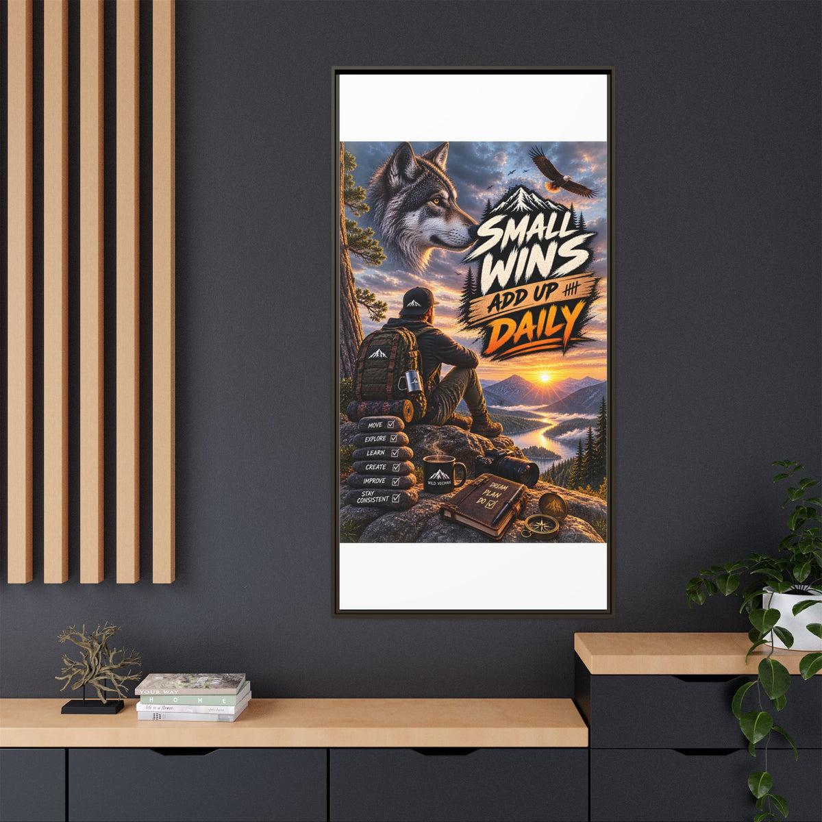Small Wins Add Up Daily Framed Canvas Wall Art — Motivational Hiking Print