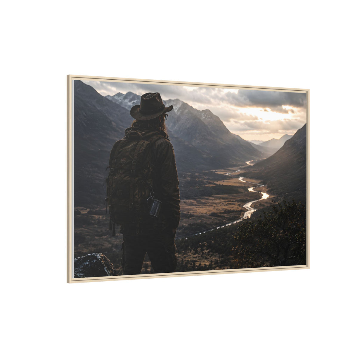Wanderer in the Valley Matte Framed Canvas – Adventure Landscape Wall Art