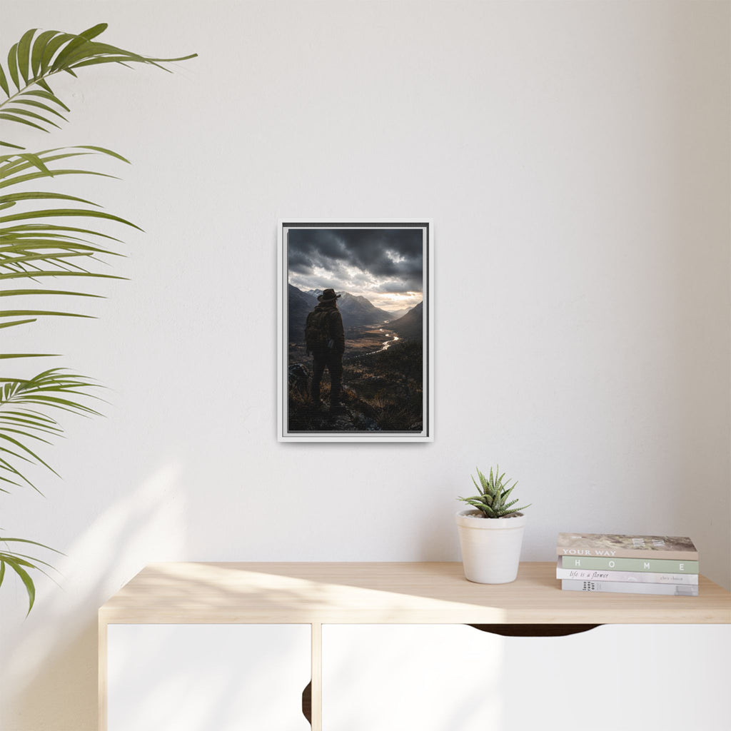 Wanderer in the Valley Matte Framed Canvas – Adventure Landscape Wall Art