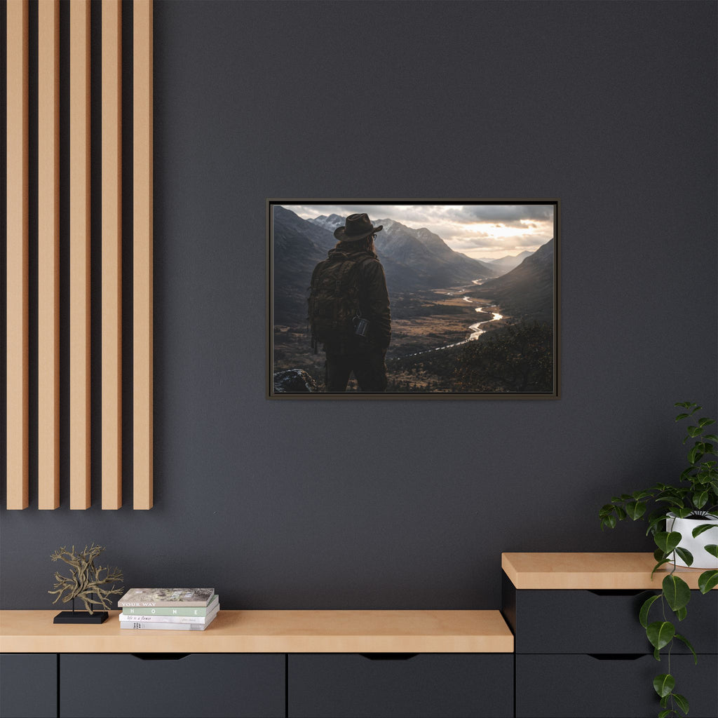 Wanderer in the Valley Matte Framed Canvas – Adventure Landscape Wall Art