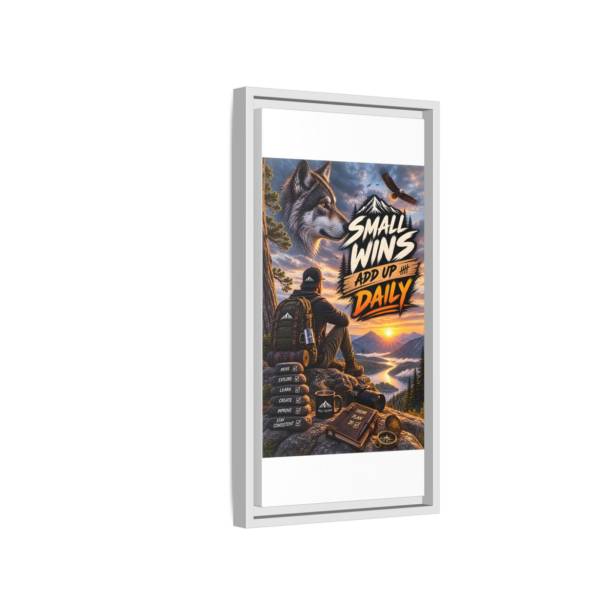 Small Wins Add Up Daily Framed Canvas Wall Art — Motivational Hiking Print