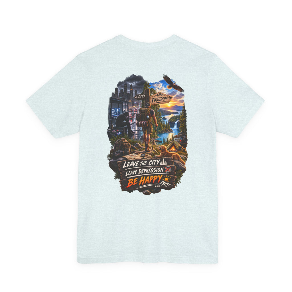 T-shirt « Quittez la ville, laissez la dépression derrière vous, soyez heureux » — T-shirt graphique sur le thème de la santé mentale en plein air