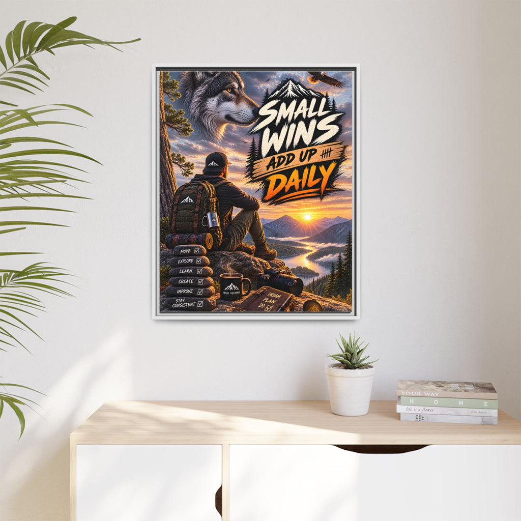 Small Wins Add Up Daily Framed Canvas Wall Art — Motivational Hiking Print