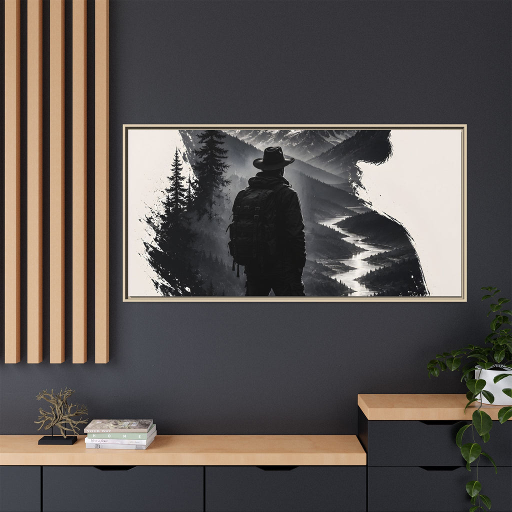 Adventure Silhouette Matte Canvas Framed Print — Mountain Hiker Double Exposure Wall Art