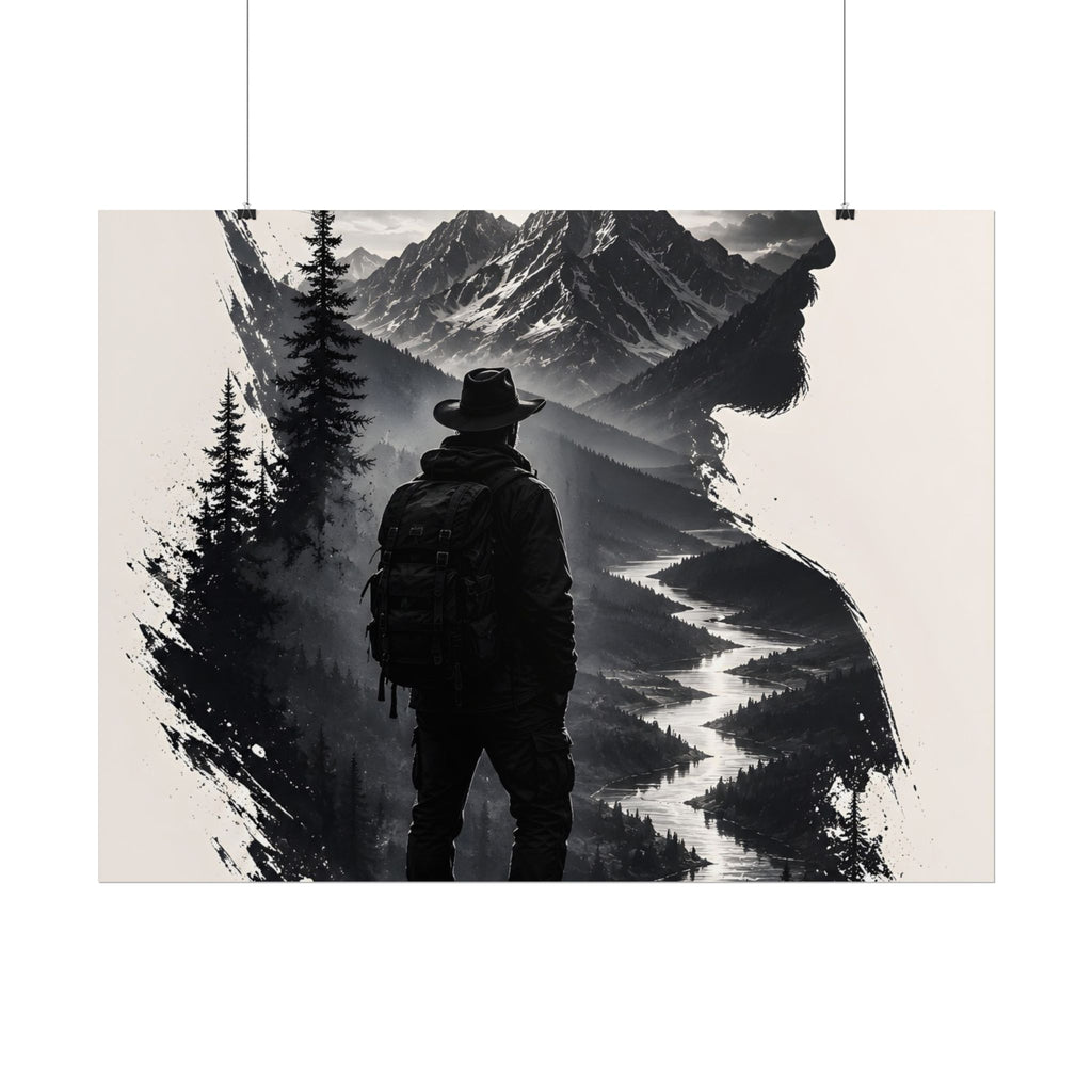 Adventure Silhouette Poster — Hiker, Mountains & River Rolled Wall Art